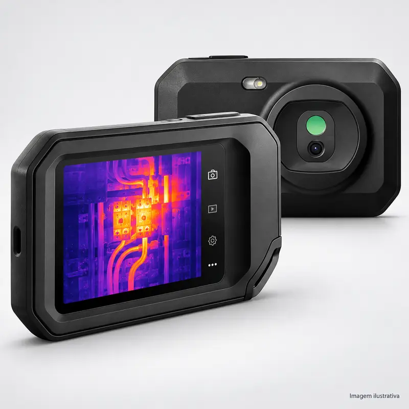 Imagem ilustrativa da FLIR C3-X em dois ângulos: tela térmica e face das lentes