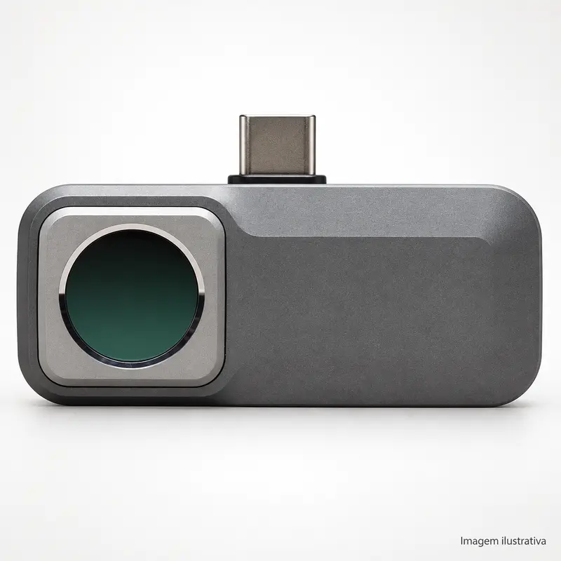 Imagem ilustrativa de módulo térmico prateado com lente e conector USB-C