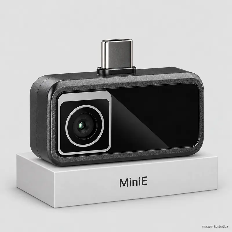 Imagem ilustrativa de módulo térmico preto compacto com uma lente e USB-C