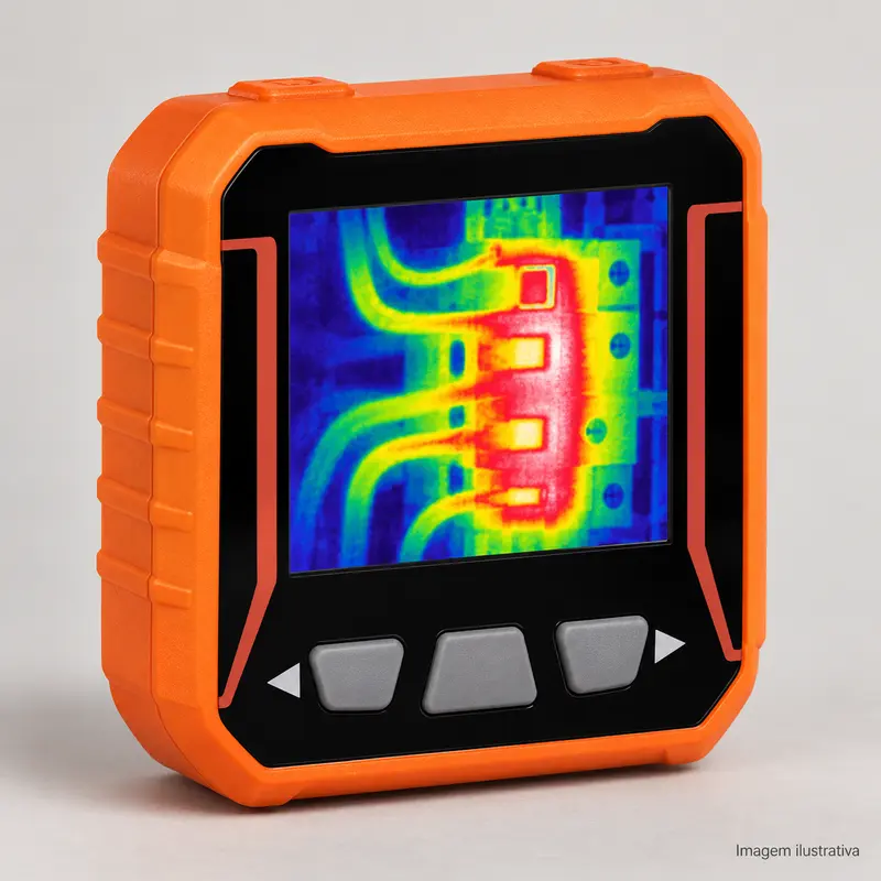 Imagem ilustrativa de termovisor compacto quadrado laranja e preto com tela